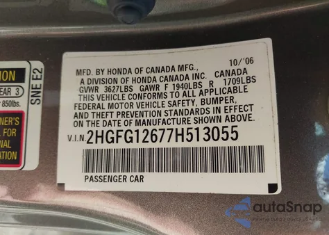 2007 Honda Civic Lx from USA, damaged, VIN 2HGFG12677H513055